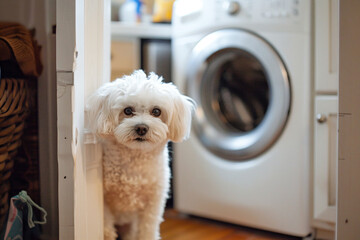 Wall Mural - a small white dog standing in front of a washer