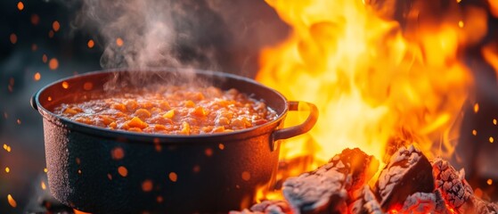 Savory Survival: Rustic Open Fire Cooking with Steaming Stew Pot over Glowing Coals