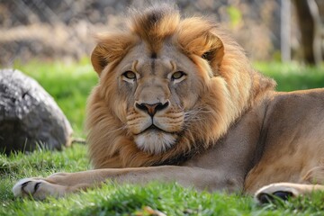 Wall Mural - A majestic lion with a regal mane lies on green grass, staring intently at the camera, exuding power and grace.