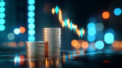 Canvas Print - A stack of gold coins sits in the foreground against a blurred background of a falling stock market chart, symbolizing economic uncertainty, financial risk, and the potential for loss.