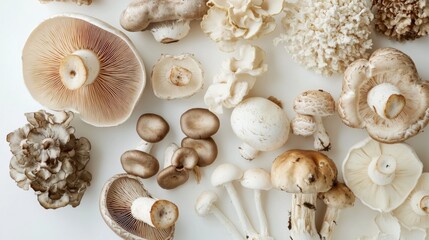 Poster - Artistic arrangement of mushrooms, including a mix of types like cremini and portobello, set against a stark white background for a clean and stylish look.