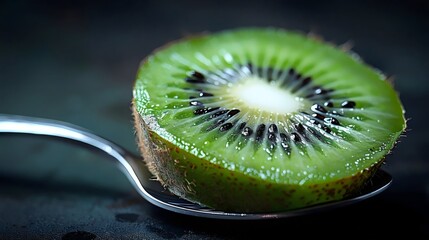 Wall Mural - A slice of kiwi fruit is shown on a silver spoon