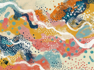 Wall Mural - A colorful abstract painting with a lot of dots and swirls. The painting is full of bright colors and has a lot of texture. It seems to be a representation of the ocean or a wave, with the dots