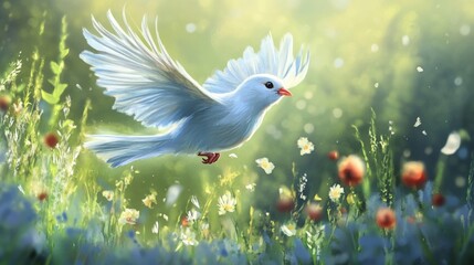 Poster - Bird flying close to the ground with a backdrop of lush grass or flowers, highlighting its graceful movement and the details of its feathers.