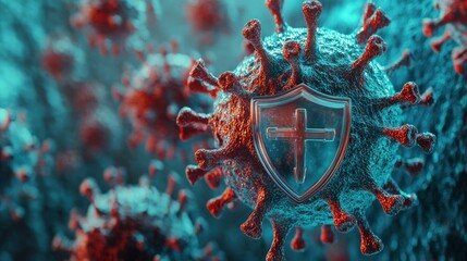 Virus cell with shield symbol indicating protection. Bright background and emphasis on protection.