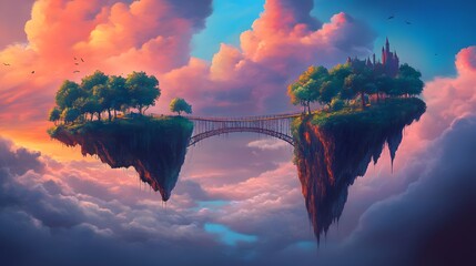 Surreal landscape sky whimsical floating islands connected bridges bright colors