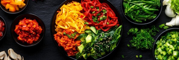 Poster - A vibrant and healthy vegan bowl featuring fresh vegetables, including yellow noodles, red peppers, green cucumbers, and leafy greens.