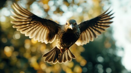 Poster - Bird in mid-flight with a close-up view of its head and wings, set against a blurred background of trees or open sky for a dynamic shot.