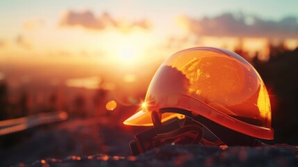 Poster - A construction worker's helmet is sitting on a rocky hillside