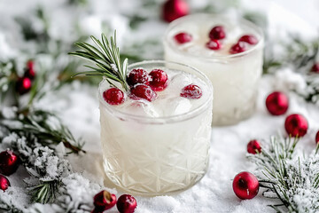 Refreshing winter cocktails and mocktails garnished with cranberries in snow