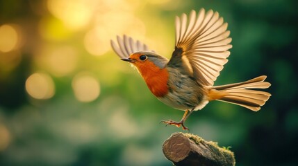 Poster - Bird taking off from a perch with its wings fully extended, captured in sharp focus to show the intricate details of its feathers and movement.