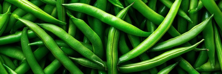 A vibrant closeup of fresh green beans, showcasing their bright green color, smooth texture, and slender shape.  The image evokes a sense of freshness, health, and natural goodness.