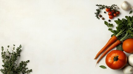 Wall Mural - A white background with fresh vegetables and herbs, including carrots, tomatoes, pumpkin, thyme, and parsley. The image suggests a healthy and natural lifestyle.