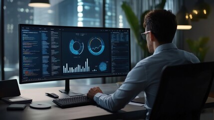 Fototapete - Business professional analyzing a 3D pie chart on a large monitor, with segments showing various data metrics and a modern office backdrop.