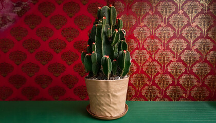 cactus, as, chritsmas, tree, rococo, card, new, close-up, vintage, antique, card, copy space, isolated, wallpaper, floral, on, before, holiday, christmas tree, abstract, red, redgreen, on, wallpaper, 