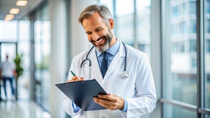 A compassionate doctor in a white coat reviews a patient's medical chart with a stethoscope around their neck, providing exceptional healthcare services with a smile.