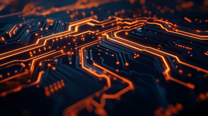 Canvas Print - Abstract background of a circuit board with glowing orange lines, symbolizing technology, innovation, connection, data, and future.