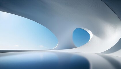 Fototapete - modern architectural scene with a simple curved wall on the right, creating sharp lines and geometric shapes in white against a blue sky background.