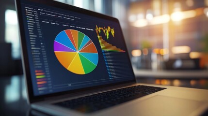 Fototapete - Close-up of a 3D pie chart in a financial analysis software, with colorful segments and detailed data, shown on a laptop screen in a sleek office setting.