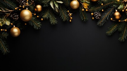 Wall Mural - Festive Christmas border with gold ornaments, pine branches, and berries on a black background.  Symbol of luxury, celebration, tradition, winter, and holiday spirit.