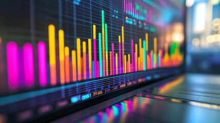 Aufkleber - Close-up of a bar chart on a computer screen with colorful bars representing data, set against a sleek office background with charts and graphs.