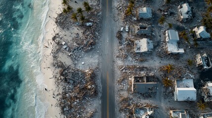 Aerial view of coastal hurricane destruction aftermath