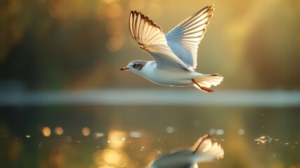 Poster - Close-up of a bird flying over water, with its reflection visible below and the details of its feathers highlighted by the sunlight.