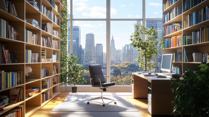 Wall Mural - Bright office with shelves or library interior with workplace, window and city view. 3D Rendering