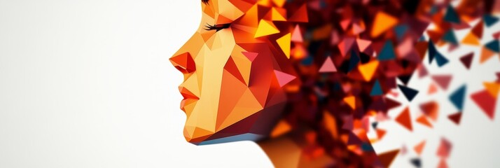 Sticker - This abstract portrait showcases a woman's face in profile. The face is  in a geometric style using polygons of red, orange, and yellow. The background is a blur of vibrant colors, adding a sense of m