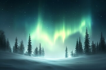 Poster - The Northern Lights, also known as the Aurora Borealis, illuminate the night sky over a snow-covered forest, creating a mesmerizing natural display. The vibrant green hues of the aurora contrast beaut