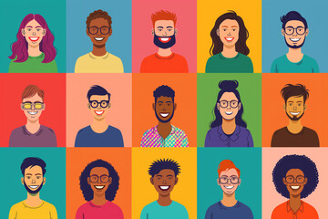 Wall Mural - 3d cartoon profile picture of 15 smiling various and diversity people. diverse, people concept