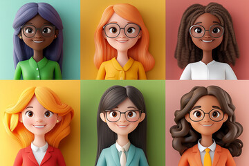 Wall Mural - 3d cartoon profile picture of 6 smiling various and diversity woman. diverse, people concept