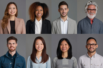 Wall Mural - set of 8 young diverse businessperson profile picture showing positive emotions on grey background