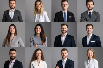 Wall Mural - set of 12 young diverse businessperson profile picture showing positive emotions on grey background