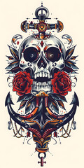 Wall Mural - Tribal Skull and Anchor Tattoo symmetry very simple traditional tattoo flash styles illustration