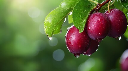 Sticker - Three ripe red plums hang from a branch, glistening with raindrops. The leaves are vibrant green and the background is blurred, showcasing the beauty of a summer orchard.