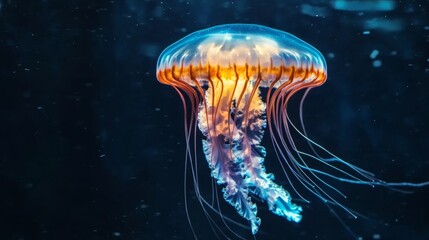 Poster - Close-up of a delicate jellyfish drifting gracefully, with its translucent tentacles and soft, glowing colors against a dark, deep-sea background