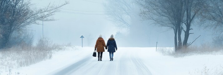 Poster - Two friends walk hand-in-hand down a snowy road, the landscape serene and peaceful. The fog adds a sense of mystery, while the trees line the path, creating a natural frame for the scene.