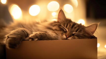 Aufkleber - Close-up of a fluffy cat peacefully sleeping in a small cardboard box, with its head peeking over the edge and paws tucked inside, surrounded by soft lighting.