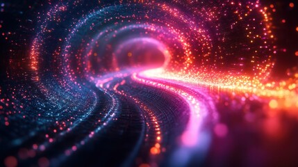 Abstract cosmic background with glowing ultraviolet neon rays and bright twisted lines of light strings in a cyber network of space and time.