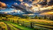 © Sirinporn - A serene rural landscape unfolds beyond a weathered wooden fence, where a tranquil valley meets a dramatic sky with fluffy white clouds.