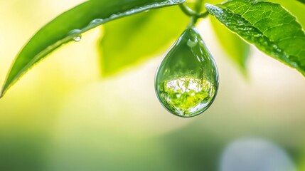 Poster - Close-up of a single water droplet hanging from a green leaf, with the droplet reflecting the surrounding environment and a soft, blurred background.