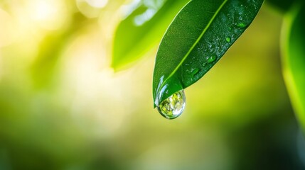 Poster - Close-up of a single water droplet hanging from a green leaf, with the droplet reflecting the surrounding environment and a soft, blurred background.