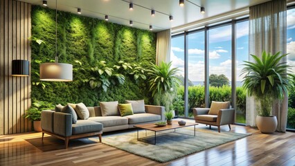 A tranquil living room with a lush green vertical wall garden, surrounded by modern furniture and natural light, evoking a sense of serenity and calm.