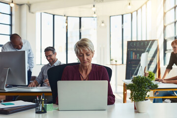 Aufkleber - Mature woman, designer and typing with laptop for web design, research or development at office. Creative senior, female person or journalist working on content creation or online service for startup