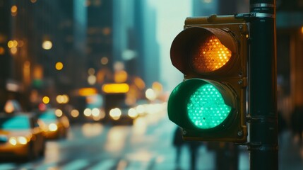 Aufkleber - Close-up of a traffic light with a green signal illuminated, set against a city street with blurred cars and pedestrians in the background.