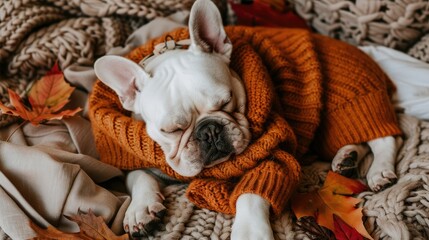 Poster - A cute dog sleeping in a pile of autumn 