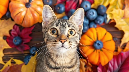 Canvas Print - a grey tabby cat in the fall