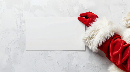 Poster - Santa claus wearing red suit with white fur holding blank white card providing copy space on white textured background