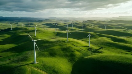 Poster - Closeup of Wind Turbines Dotting a Scenic Green Landscape with Ample Copy Space for Text or Design  Renewable Energy and Sustainable Environmental Concept